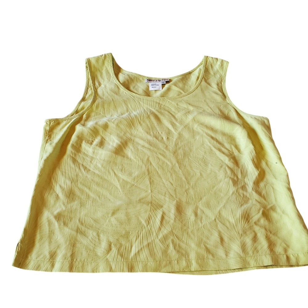 Nancy Bolen‎ City Girl Lime Yellow 100% Silk Jacquard Leaf Tank Top XL 2140M05